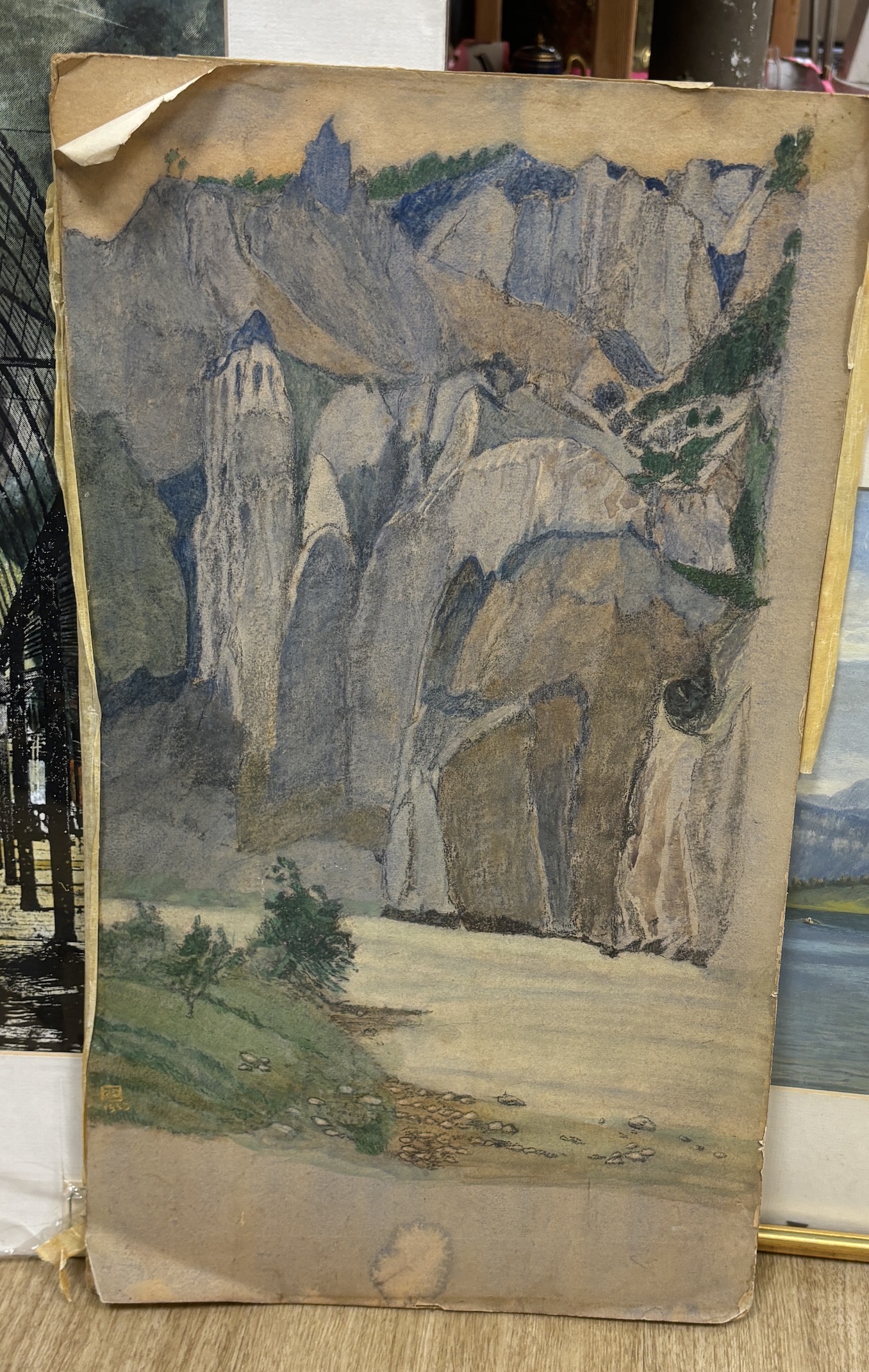 Early 20th Century English School, pencil and watercolour, A river gorge, monogrammed and dated 1923, 52 x 30cm, Gerald Leet (Illustrator, 1913-1998), mixed media, 'Phoenix', 49 x 52cm, both unframed, together with a Can